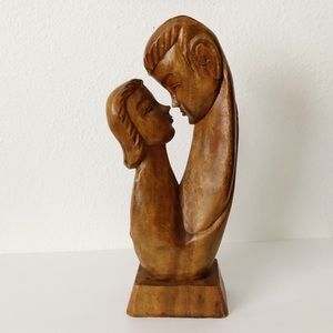 Large 1960’s MCM 17” Hand Carved Balinese Monkey Pod Lovers Wooden Sculpture